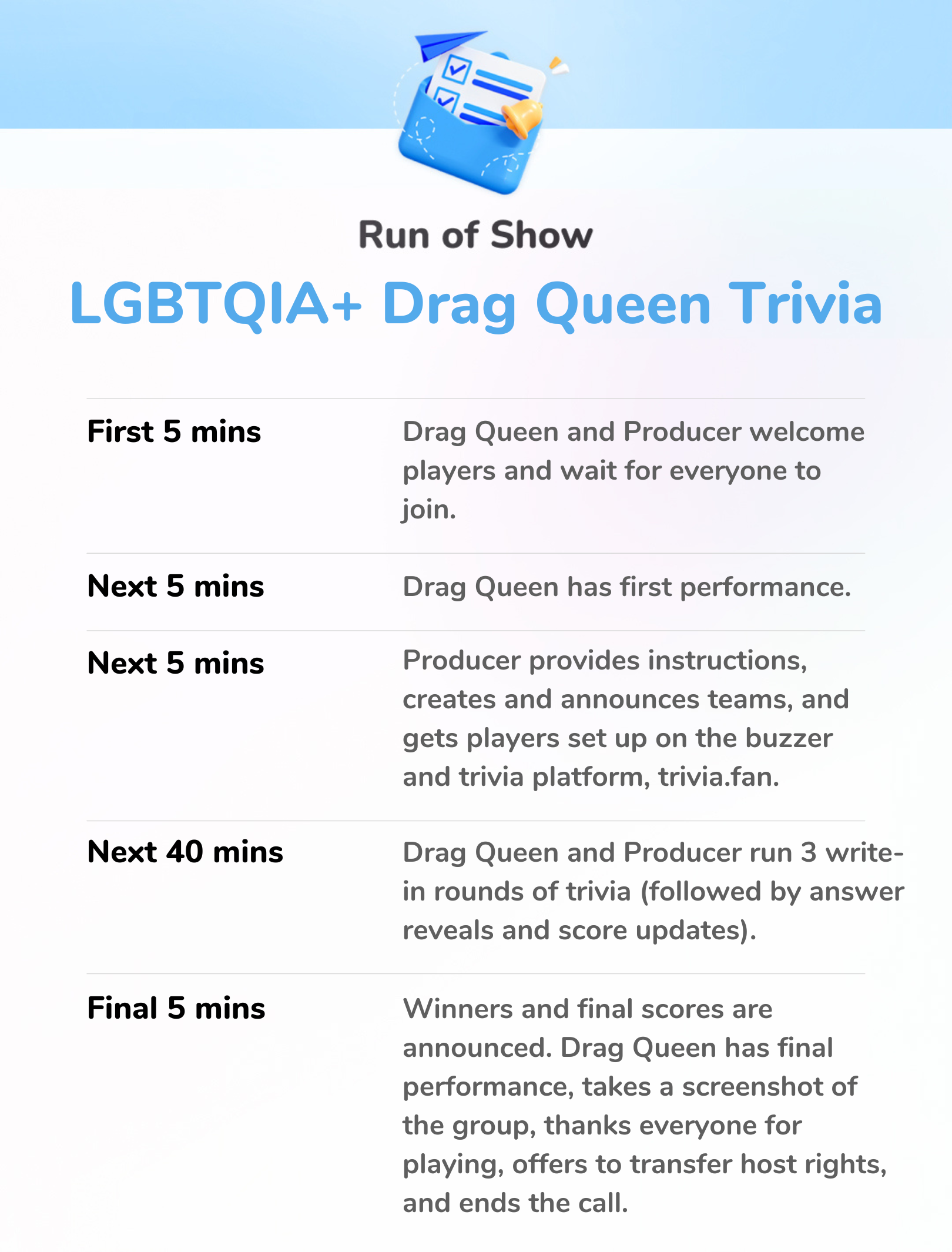 LGBTQIA+ Drag Queen Trivia Sample Schedule Confetti 🎉